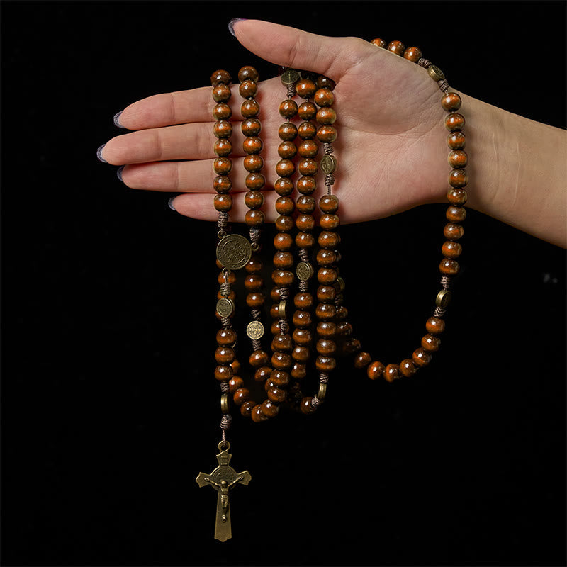 15/20 Decade Olive Wood Rosary with St. Benedict, Crucifix & Waist Chain Design—Divine Devotion in Dual Use