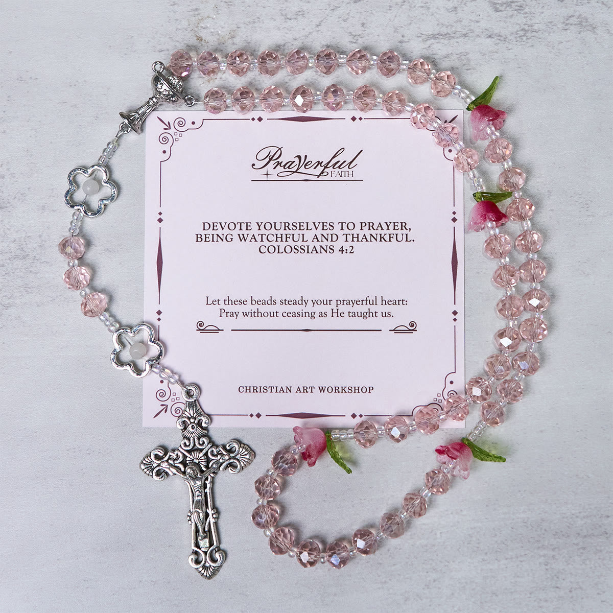 Jesus Is The Gift: Handmade Elegant Pink Crystal Rosary with 3D Rose Beads with Gift Card