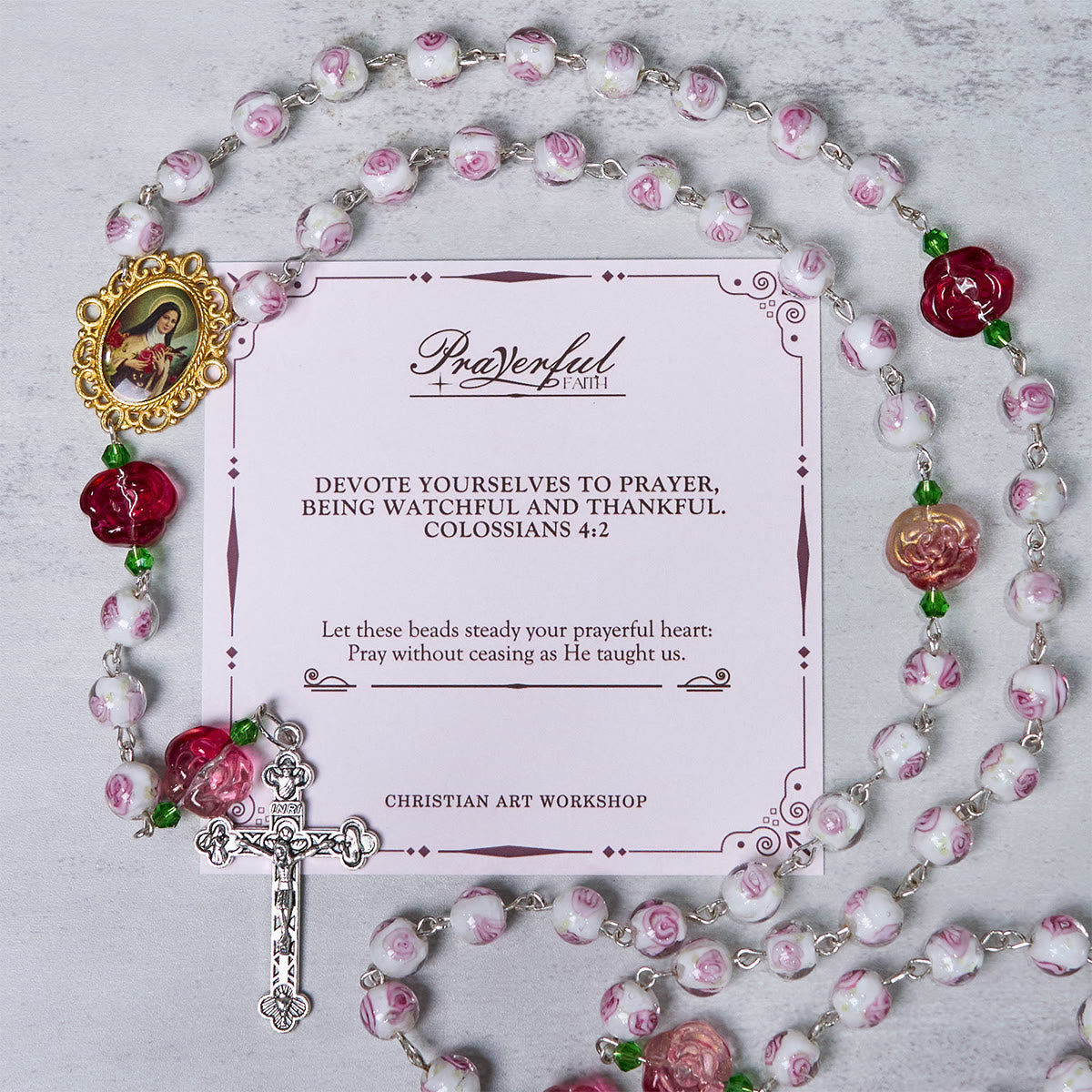 PRAYERFUL FAITH: Handmade Rose & Ivory Floral Elegance Rosary with Gift Card