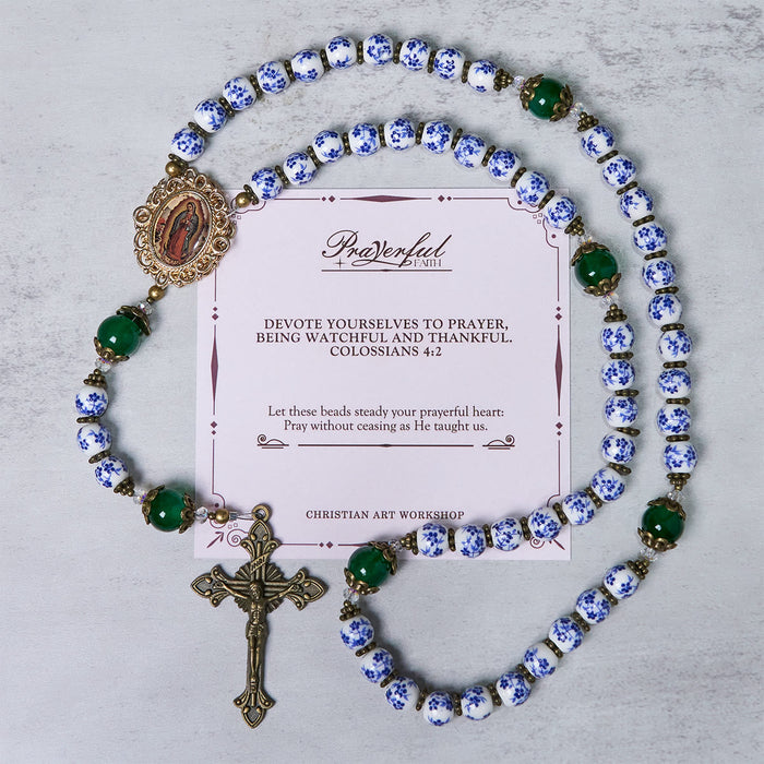 PRAYERFUL FAITH: Handmade Floral Rosary of 8mm Ceramics & Jade