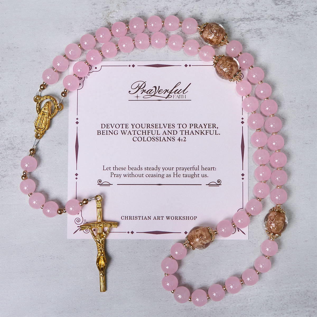 PRAYERFUL FAITH: Handmade Pink Chalcedony & Porcelain Golden Sand Beads Rosary