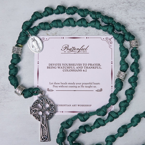 PRAYERFUL FAITH: St. Patrick Medal Dark Green Handmade Paracord Knotted Rosary