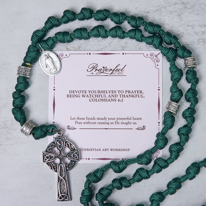 PRAYERFUL FAITH: St. Patrick Medal Dark Green Handmade Paracord Knotted Rosary