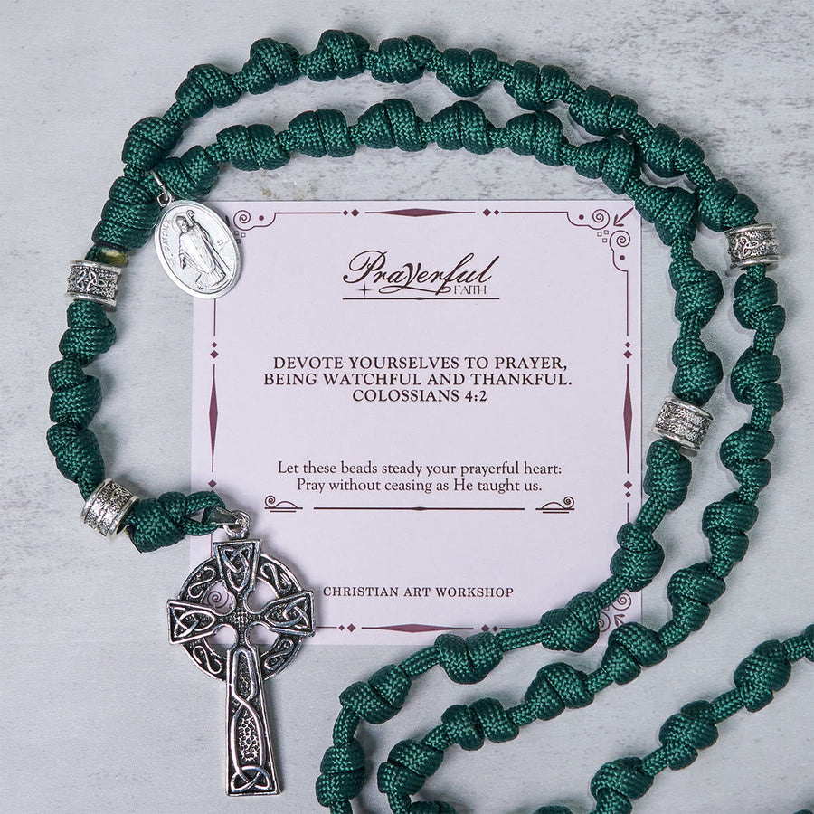 PRAYERFUL FAITH: St. Patrick Medal Dark Green Handmade Paracord Knotted Rosary