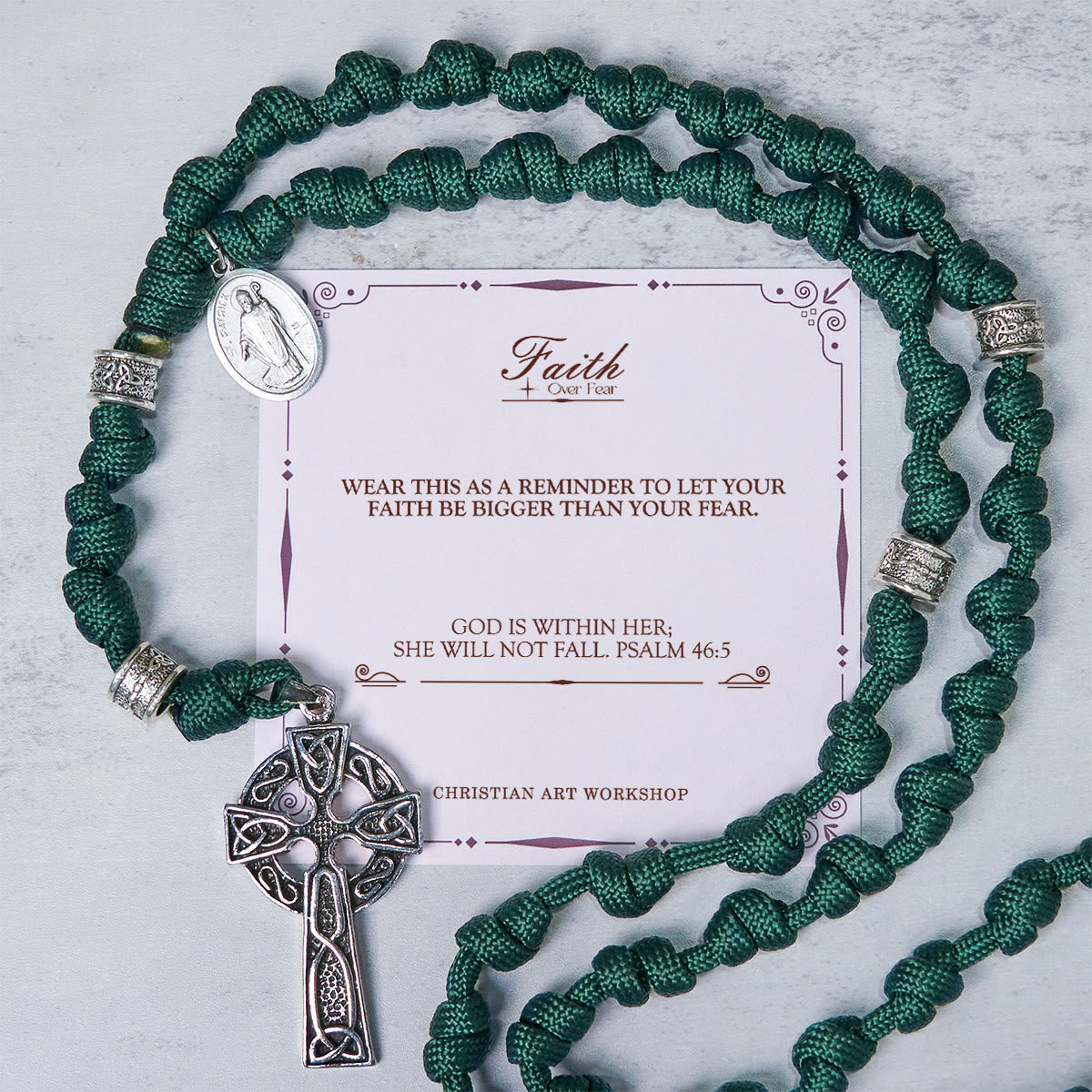 PRAYERFUL FAITH: St. Patrick Medal Dark Green Handmade Paracord Knotted Rosary