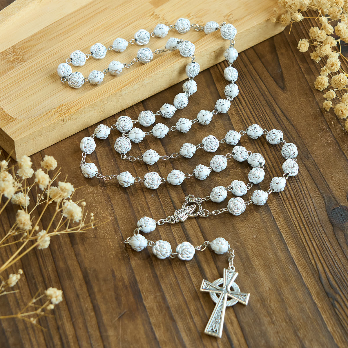 Delicate White Rose Devotional Beads Rosary and Bracelets with Virgin Mary