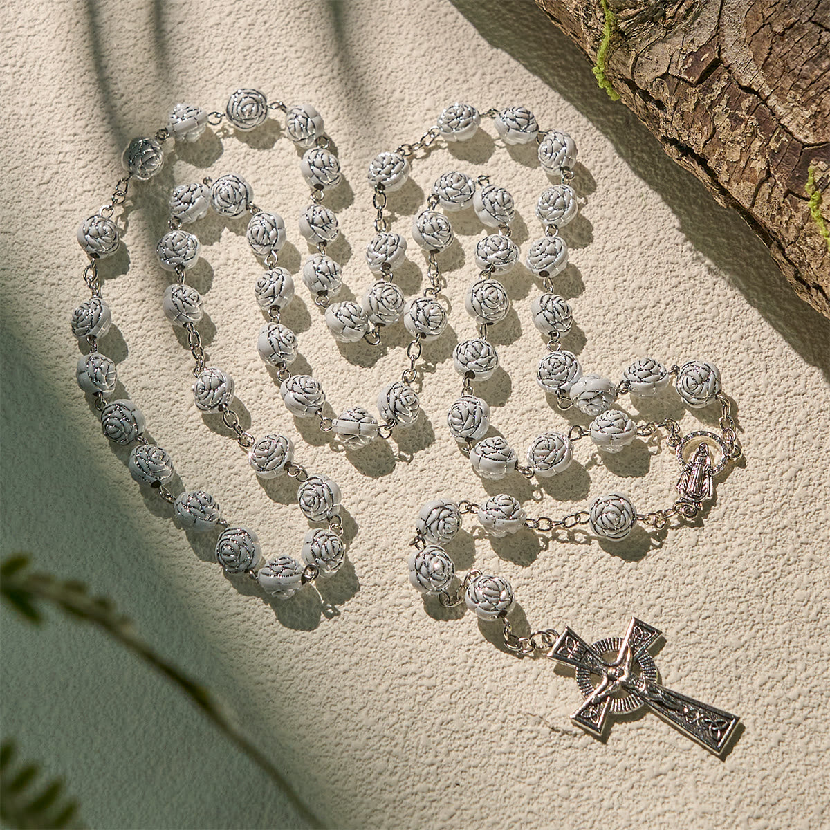 Delicate White Rose Devotional Beads Rosary and Bracelets with Virgin Mary