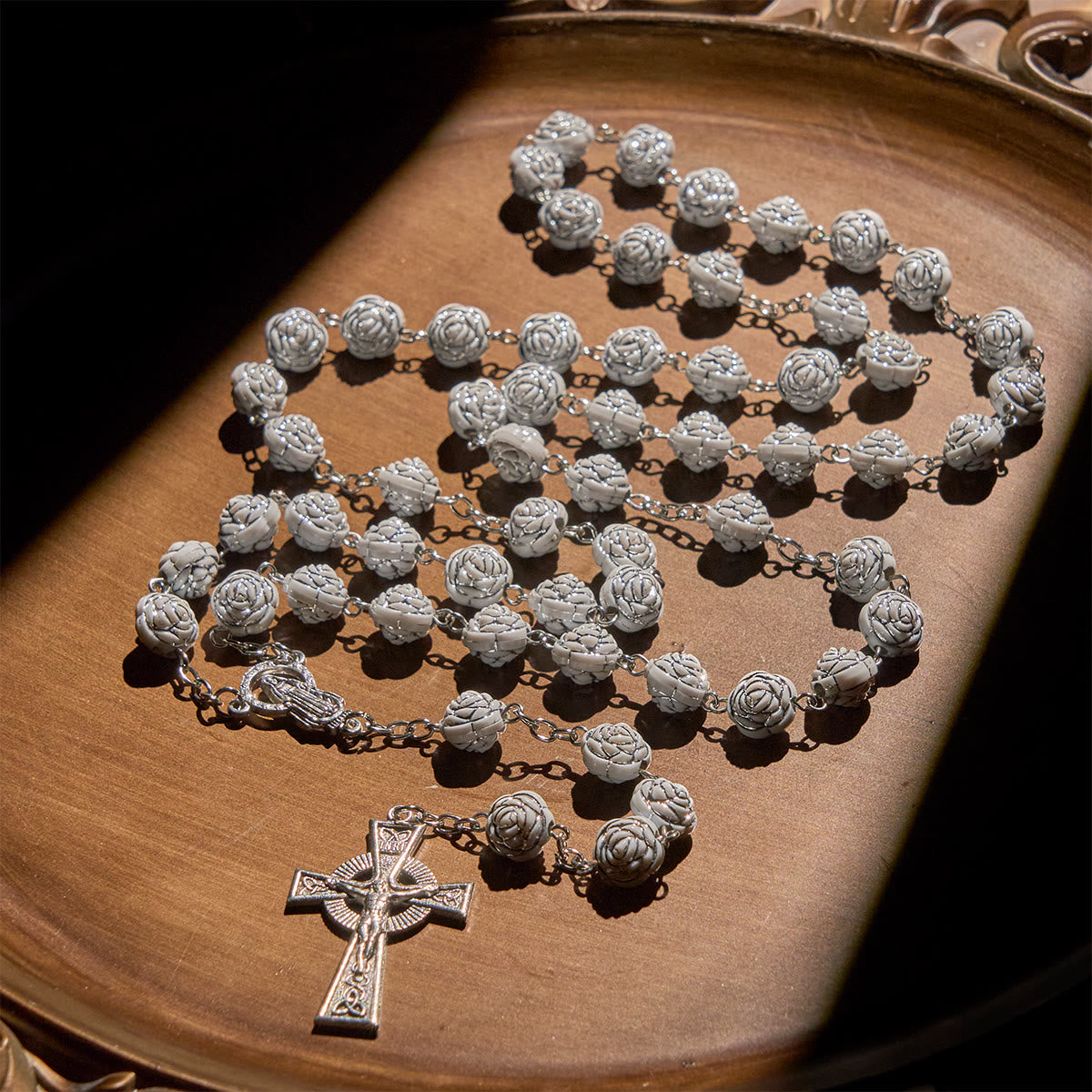Delicate White Rose Devotional Beads Rosary and Bracelets with Virgin Mary