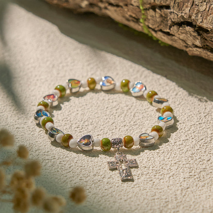 Colorful Glass & Ceramic Bead Bracelets with Cross and Saints Heart Charms
