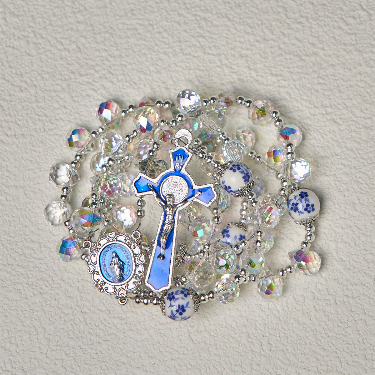 Shining Crystal and Blue Floral Beads Rosary with Enamel Crucifix & Our Lady