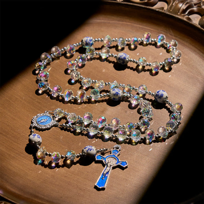 Shining Crystal and Blue Floral Beads Rosary with Enamel Crucifix & Our Lady