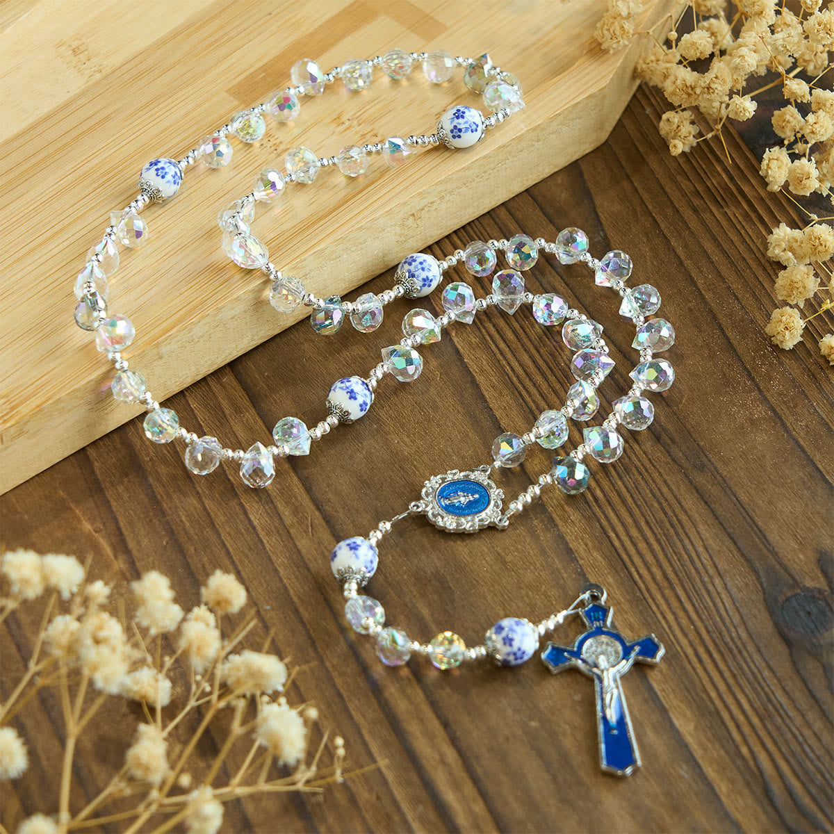 Shining Crystal and Blue Floral Beads Rosary with Enamel Crucifix & Our Lady