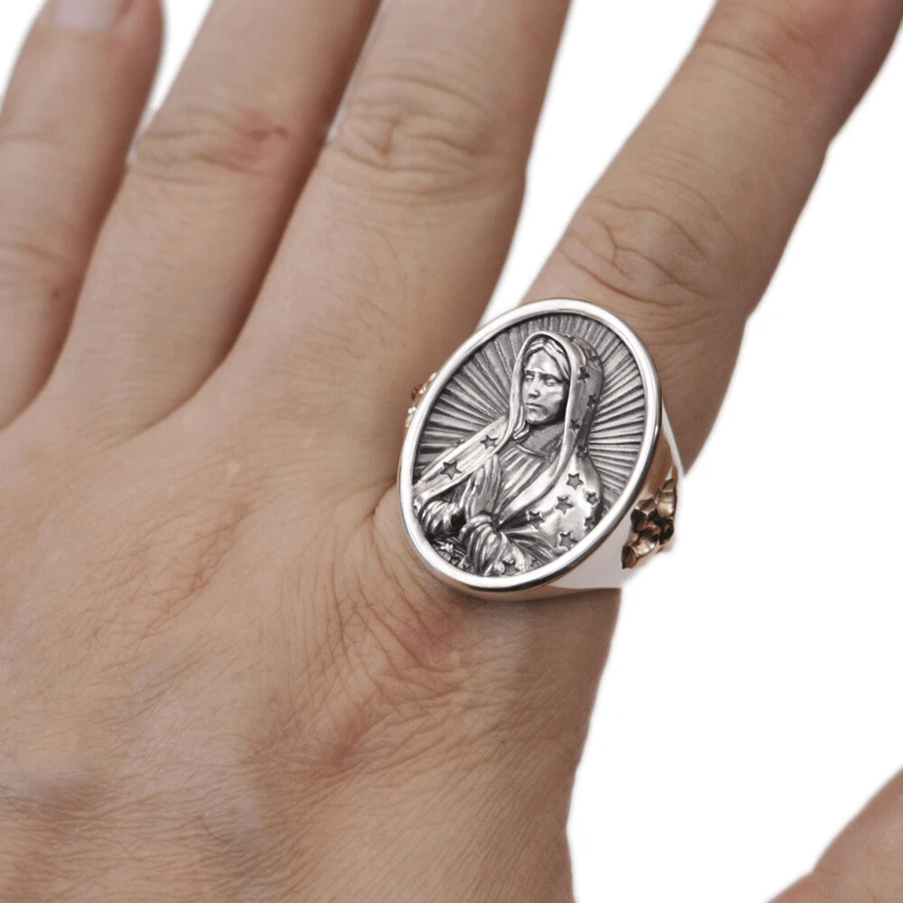 Virgin Mary Oval Ring in 925 Silver Divine Protection and Prayer