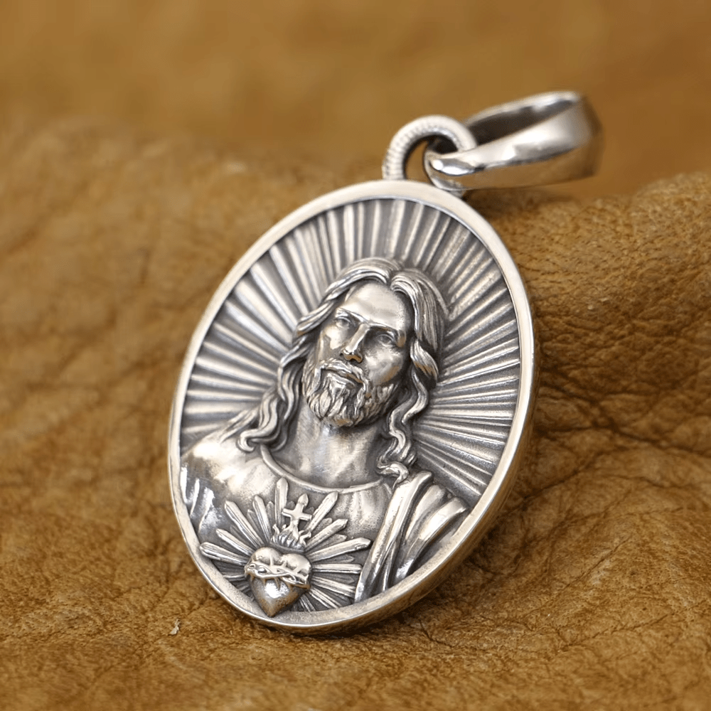 Divine Radiance Jesus Sacred Heart Necklace Crafted in Sterling Silver