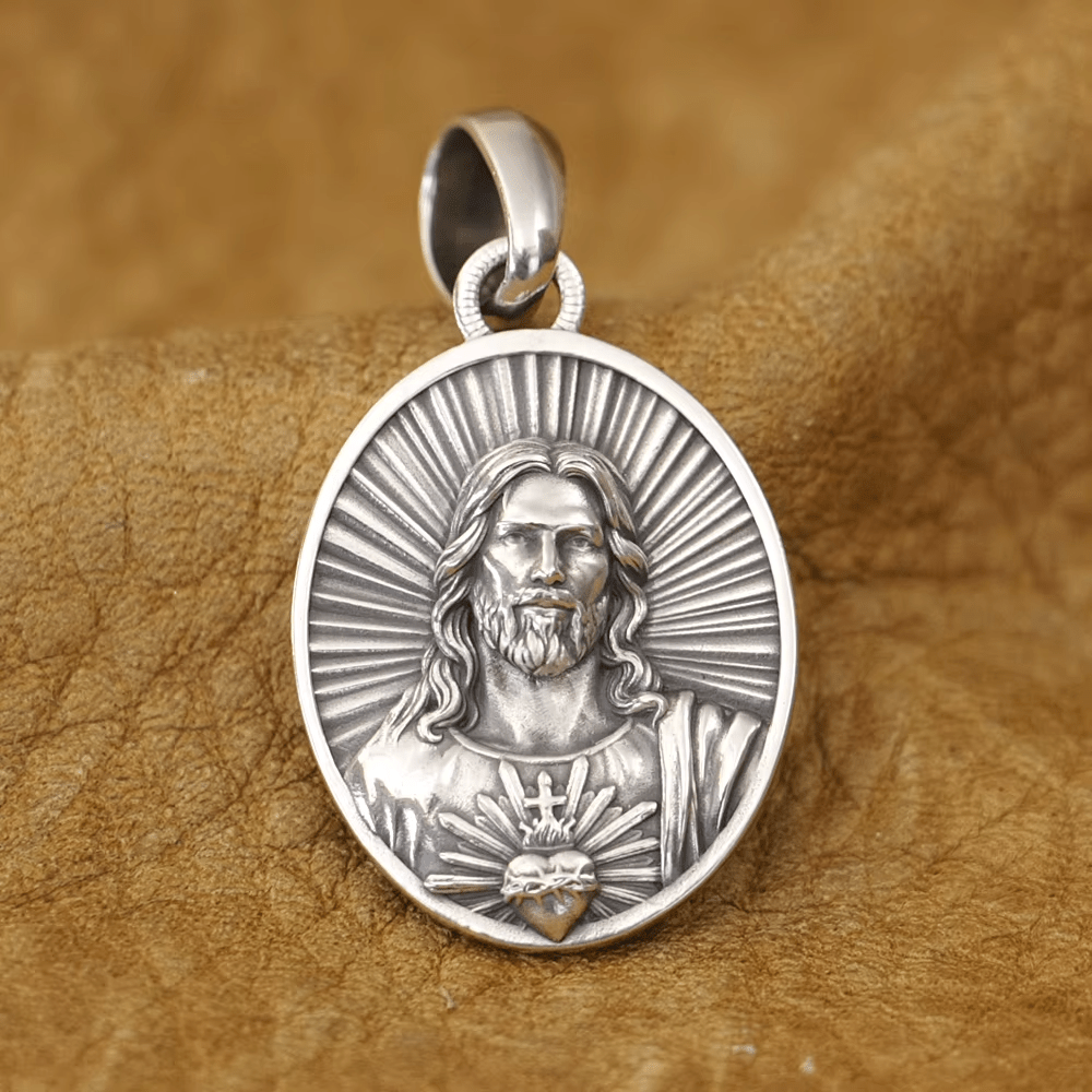 Divine Radiance Jesus Sacred Heart Necklace Crafted in Sterling Silver