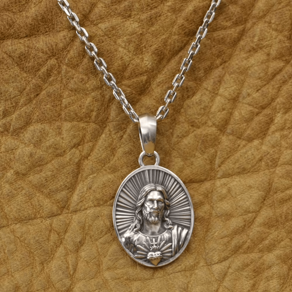Divine Radiance Jesus Sacred Heart Necklace Crafted in Sterling Silver