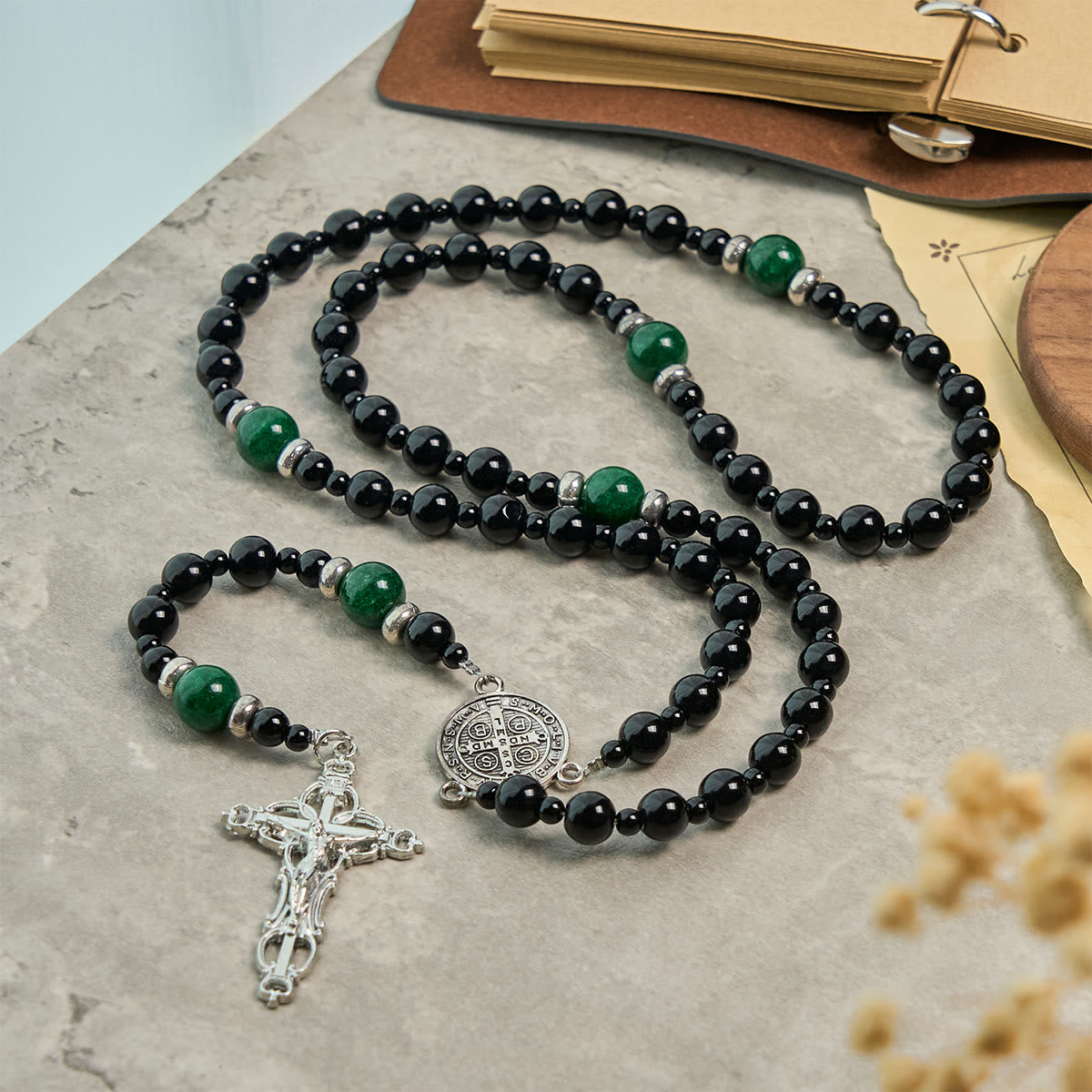 PRAYERFUL FAITH: St. Benedict & Crucifix of 8mm Obsidian & Jade Handmade Bead Rosary