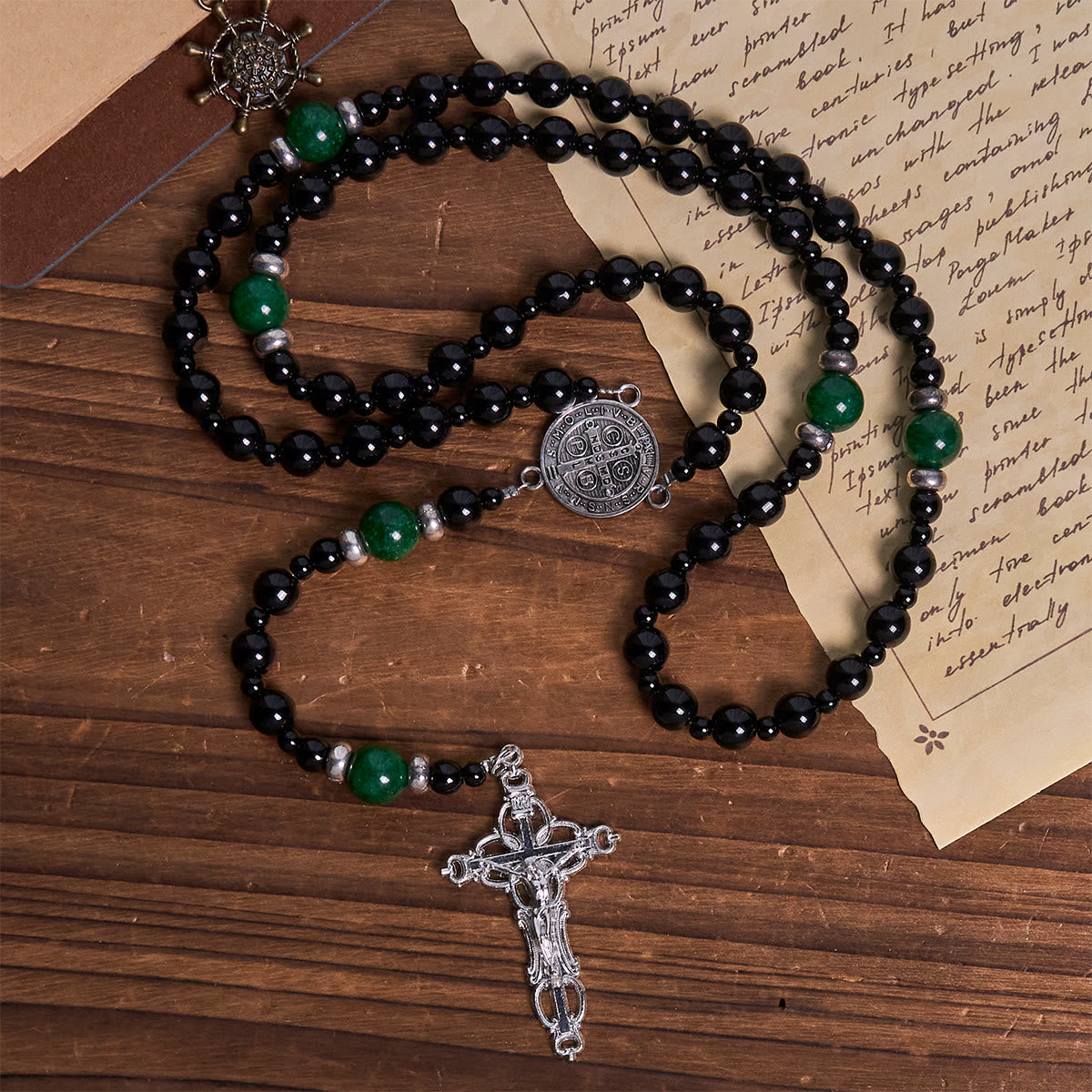 PRAYERFUL FAITH: St. Benedict & Crucifix of 8mm Obsidian & Jade Handmade Bead Rosary