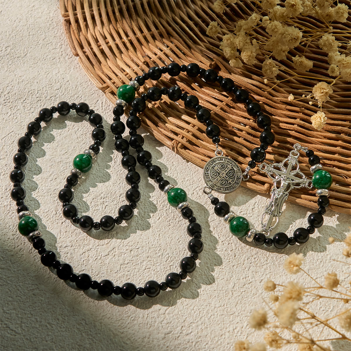 St. Benedict & Crucifix of 8mm Obsidian & Jade Handmade Bead Rosary - Faith and Sacred Connection