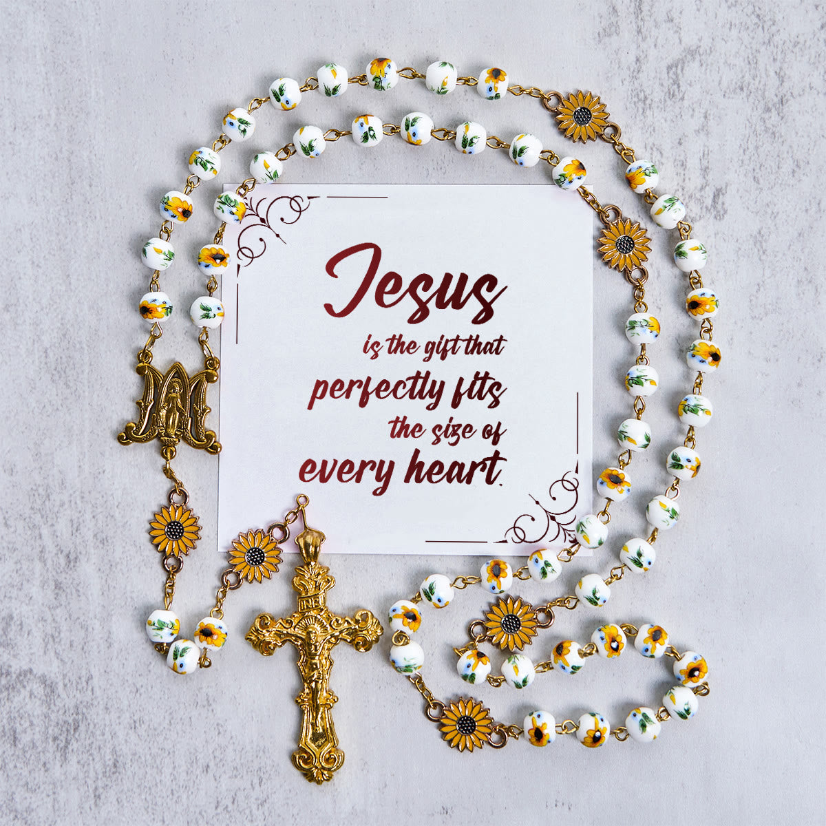 Jesus Is The Gift: Handmade Sunflower-Inspired Yellow Floral Rosary with Gift Card