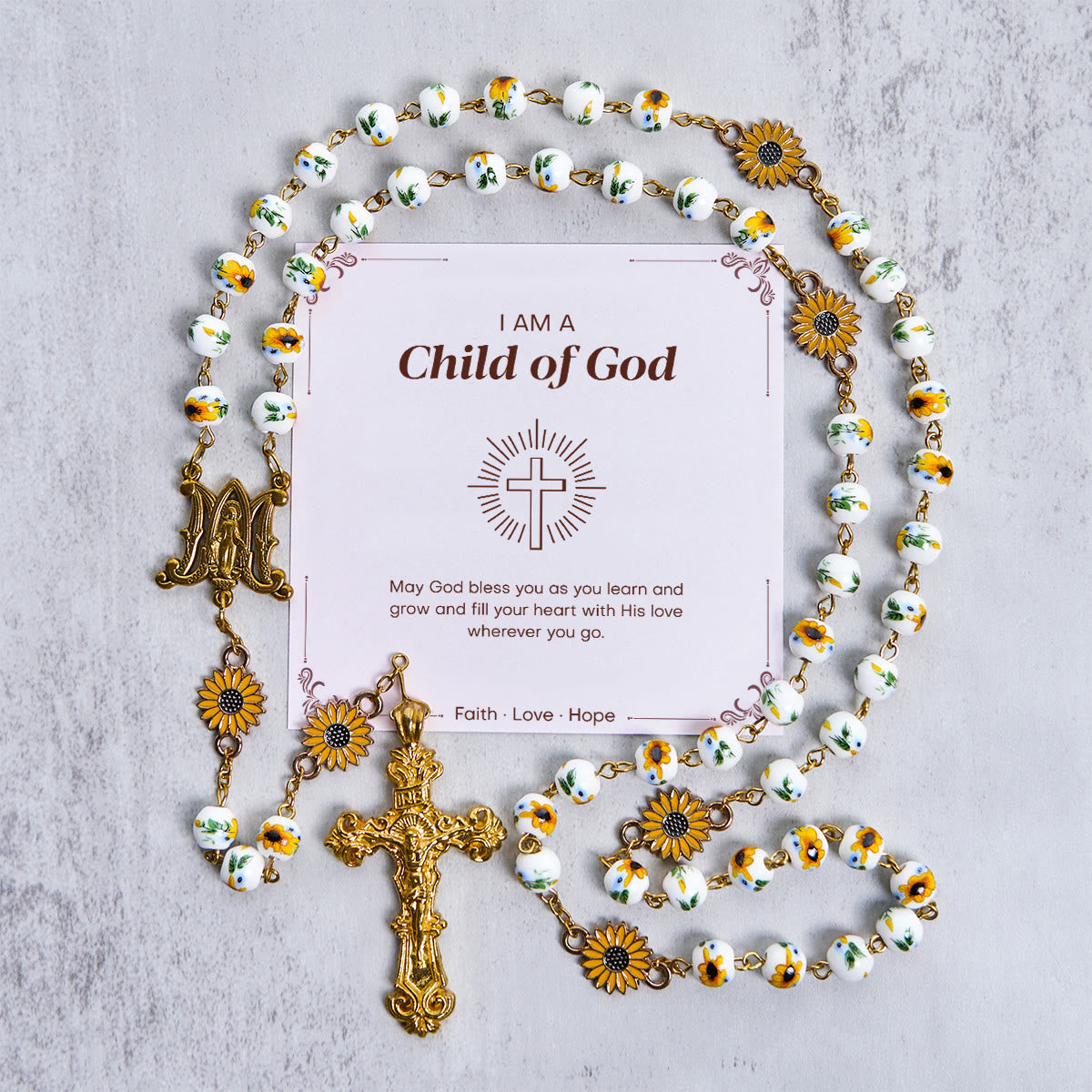 Jesus Is The Gift: Handmade Sunflower-Inspired Yellow Floral Rosary with Gift Card
