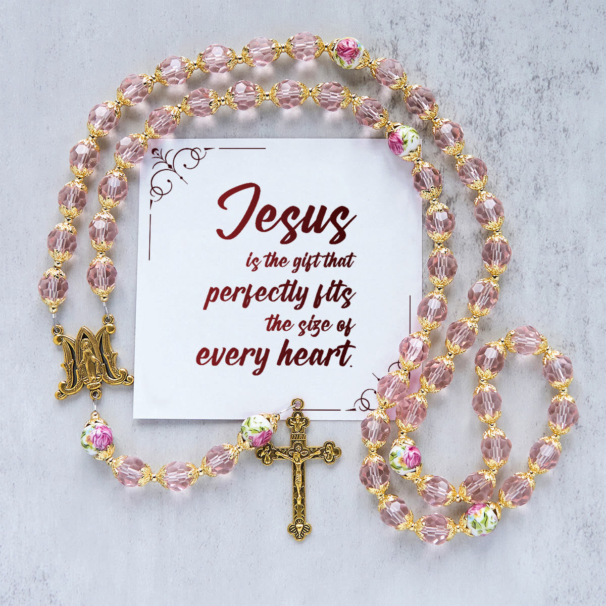 Jesus Is The Gift: Pink Crystal Beads Crucifix & Virgin Mary Rosary with Gift Card