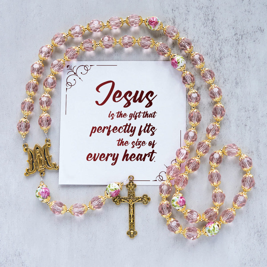 Jesus Is The Gift: Pink Crystal Beads Crucifix & Virgin Mary Rosary with Gift Card