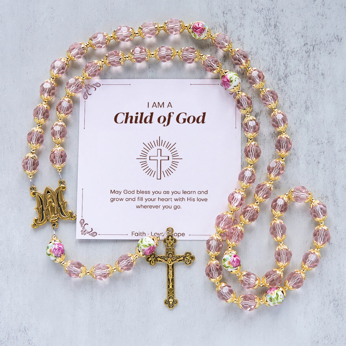 Jesus Is The Gift: Pink Crystal Beads Crucifix & Virgin Mary Rosary with Gift Card