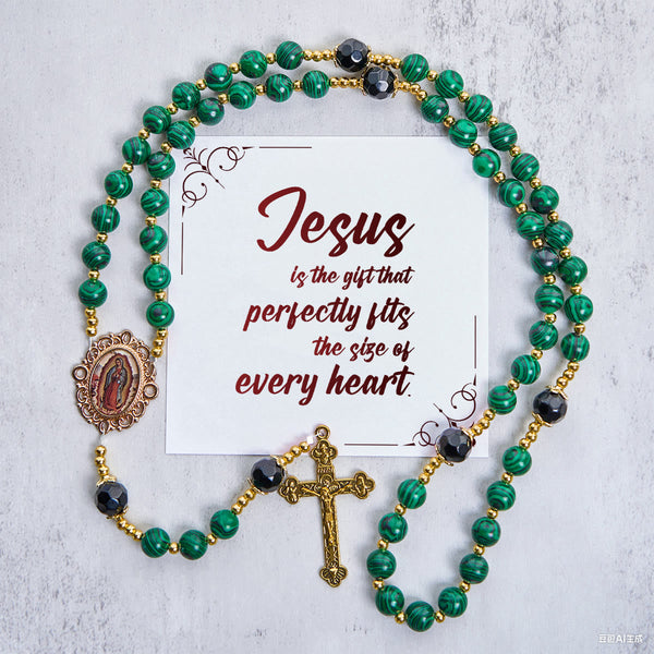 Jesus Is The Gift: Malachite Green Rosary with Miraculous Medal