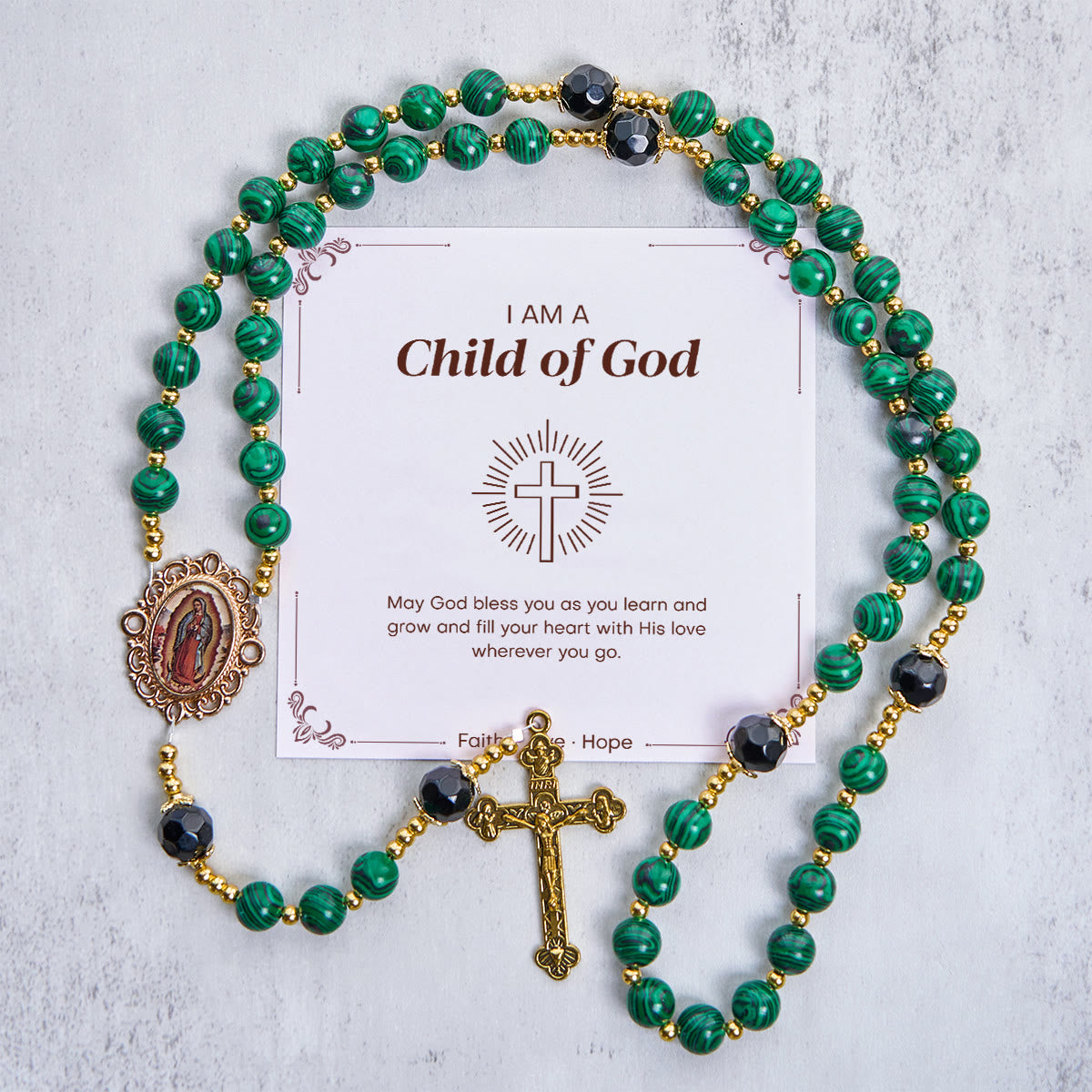 Jesus Is The Gift: Malachite Green Rosary with Miraculous Medal