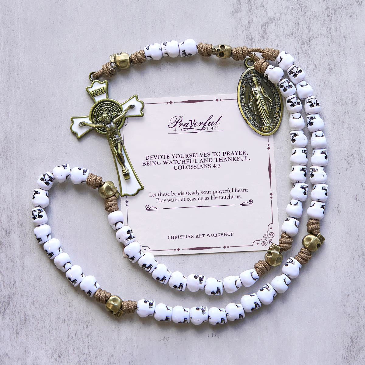PRAYERFUL FAITH: Rebel Style White Skull Beads Rosary with Gift Card