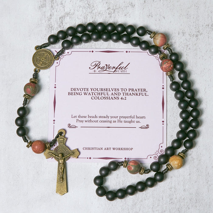 PRAYERFUL FAITH:Handcrafted Matte Black and Earth-Tone Rosary with Gift Card