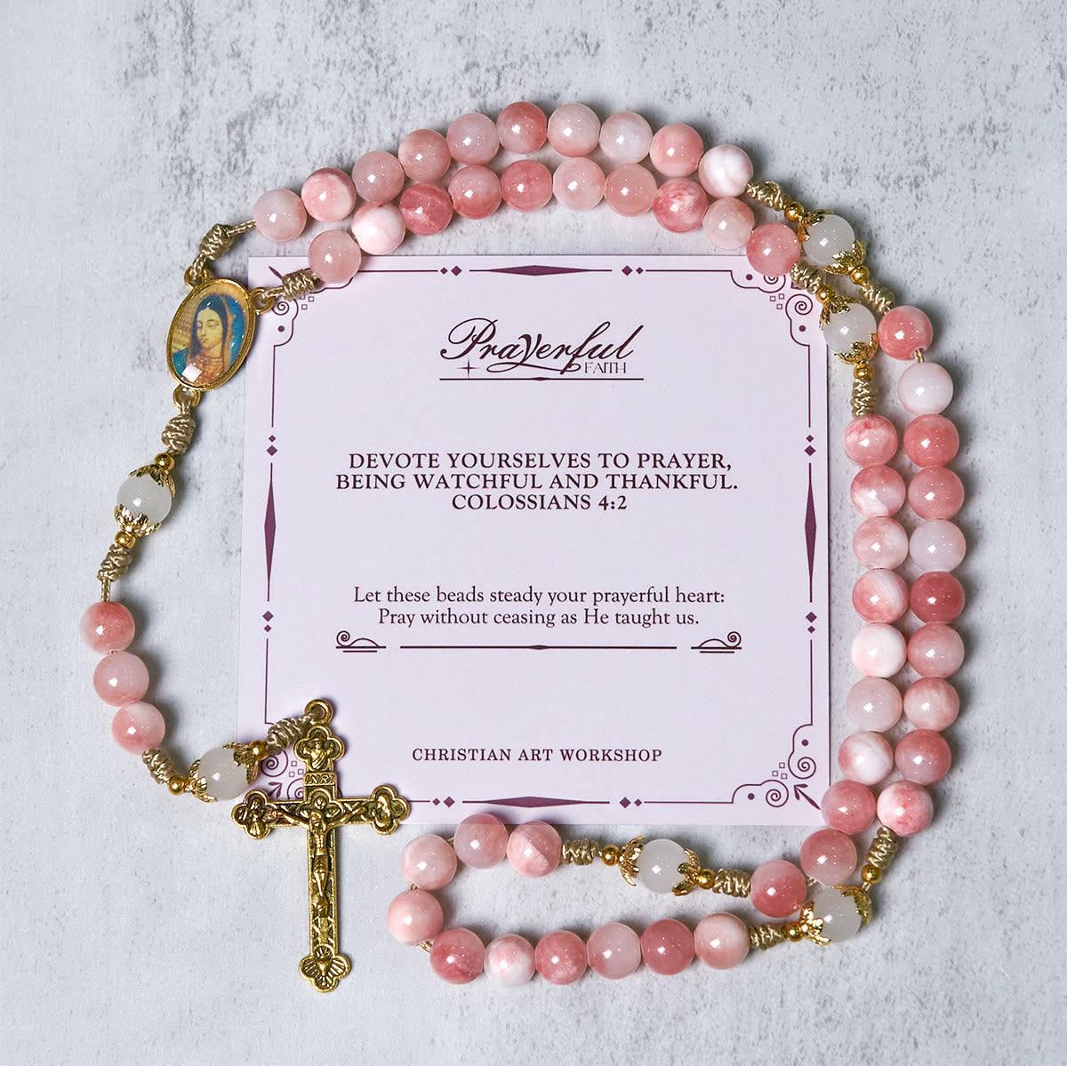 PRAYERFUL FAITH: Handmade Pink Glossy Beads Rosary with Gift Card