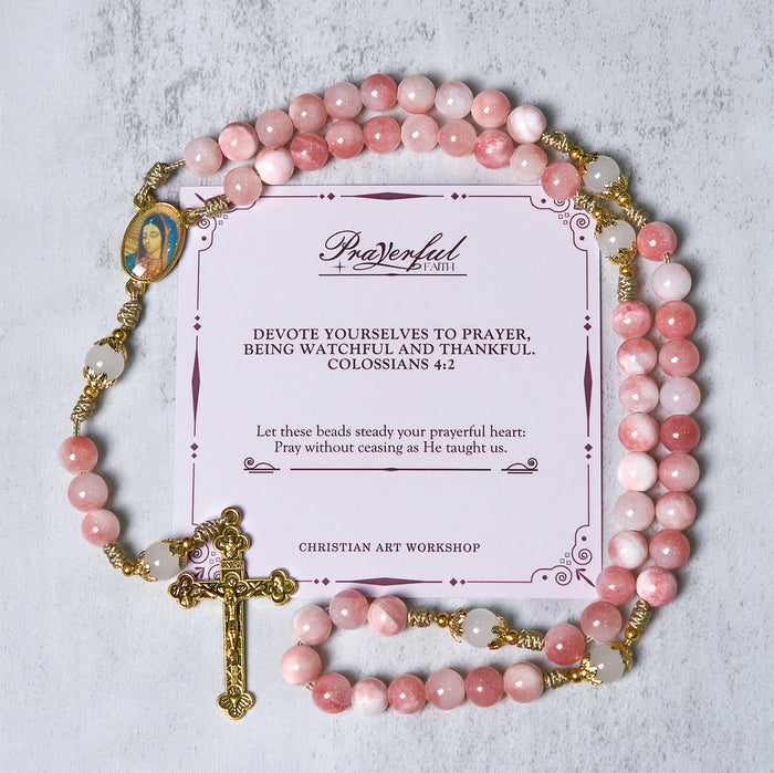 PRAYERFUL FAITH: Handmade Pink Glossy Beads Rosary with Gift Card