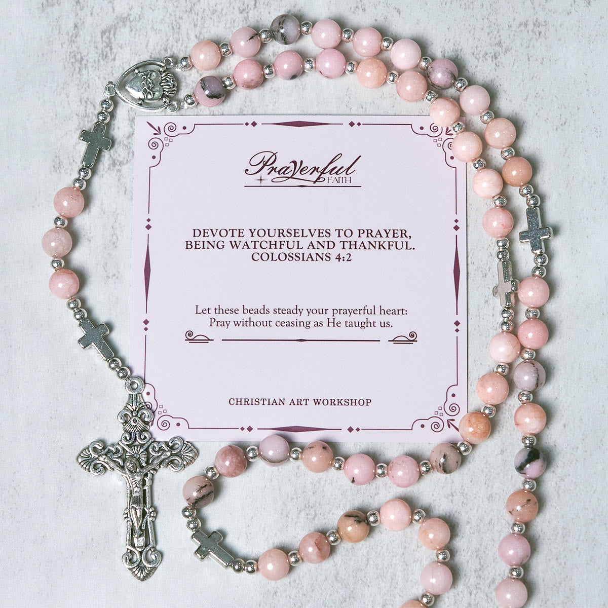 PRAYERFUL FAITH:Handmade Pink Round Beads Rosary with Gift Card