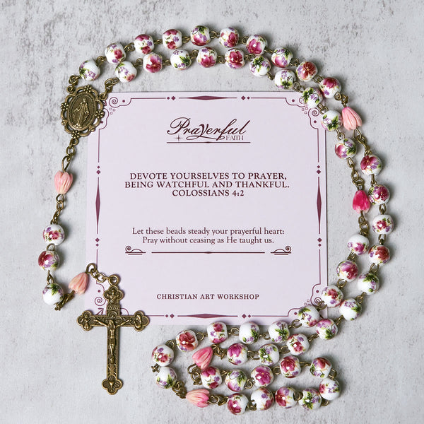 PRAYERFUL FAITH: Handmade Flower Resin Beads Rosary with Gift Card