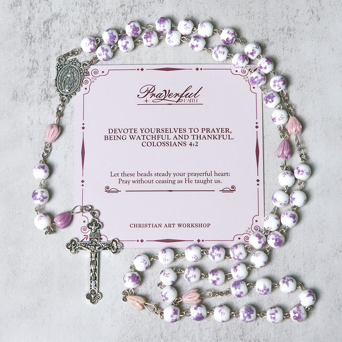 PRAYERFUL FAITH: Handmade Purple Flower Beads Rosary with Gift Card