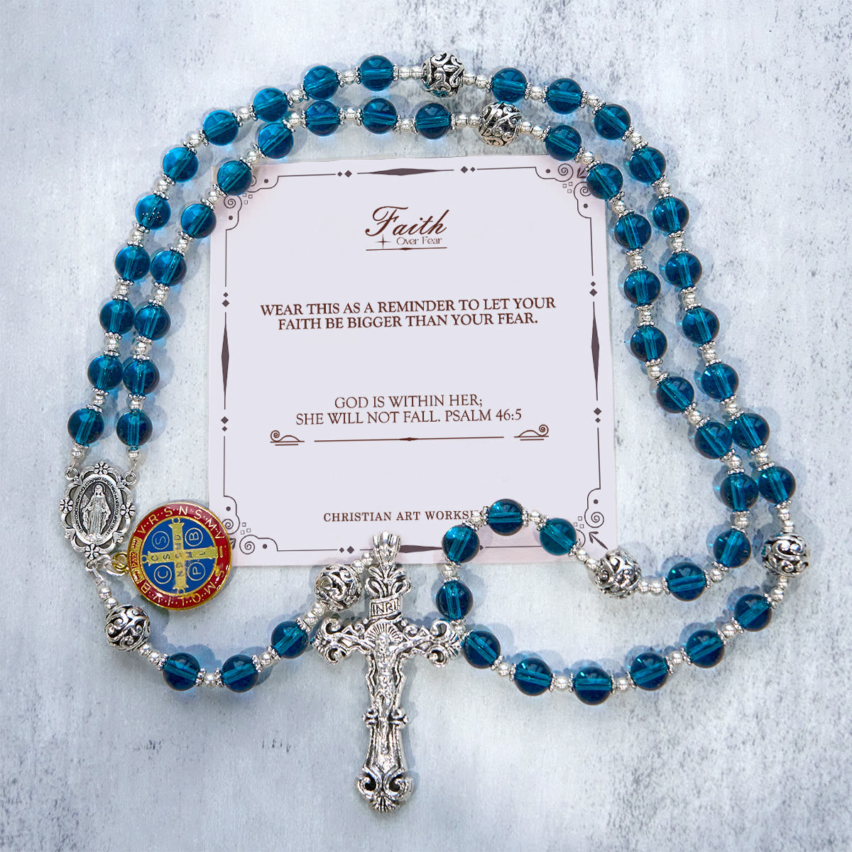PRAYERFUL FAITH: Handmade Crucifix Clear Blue Glass Rosary with Gift Card