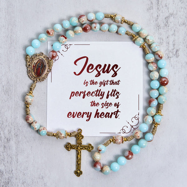 PRAYERFUL FAITH: Handmade Aqua Stone Prayer Rosary with Gift Card