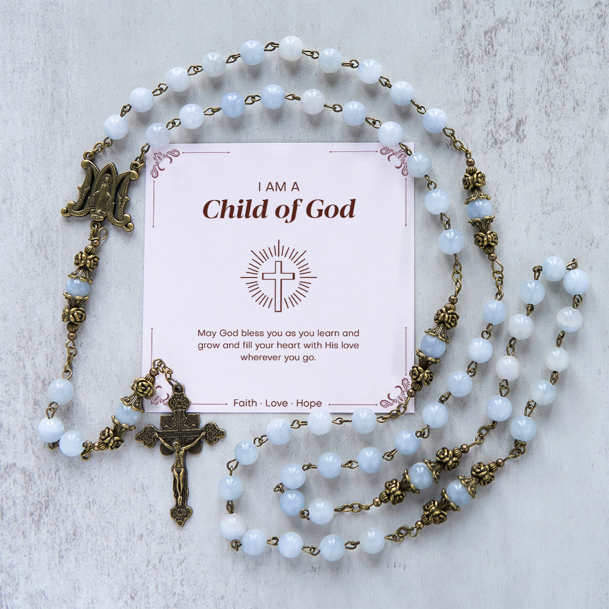 PRAYERFUL FAITH: Handmade Rosary with Light Blue Jade Beads and Brass with Gift Card