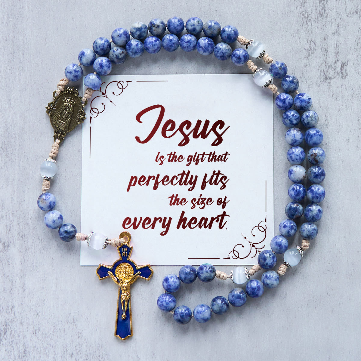 PRAYERFUL FAITH: Round Blue Stone Nylon Cord Rosary with Gift Card