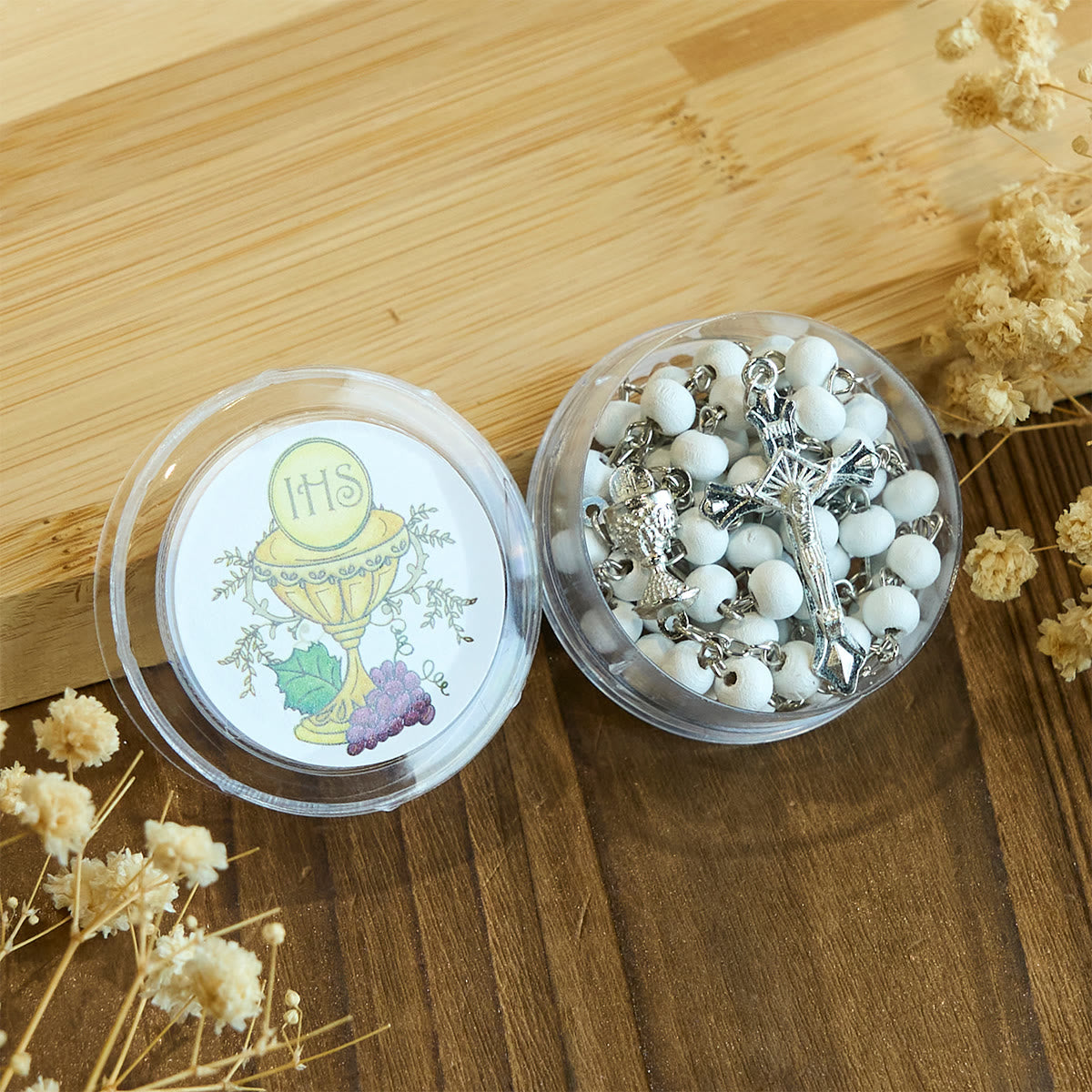 Divine Wooden Holy Chalice Communion Rosary in White with Gift Box Bundle