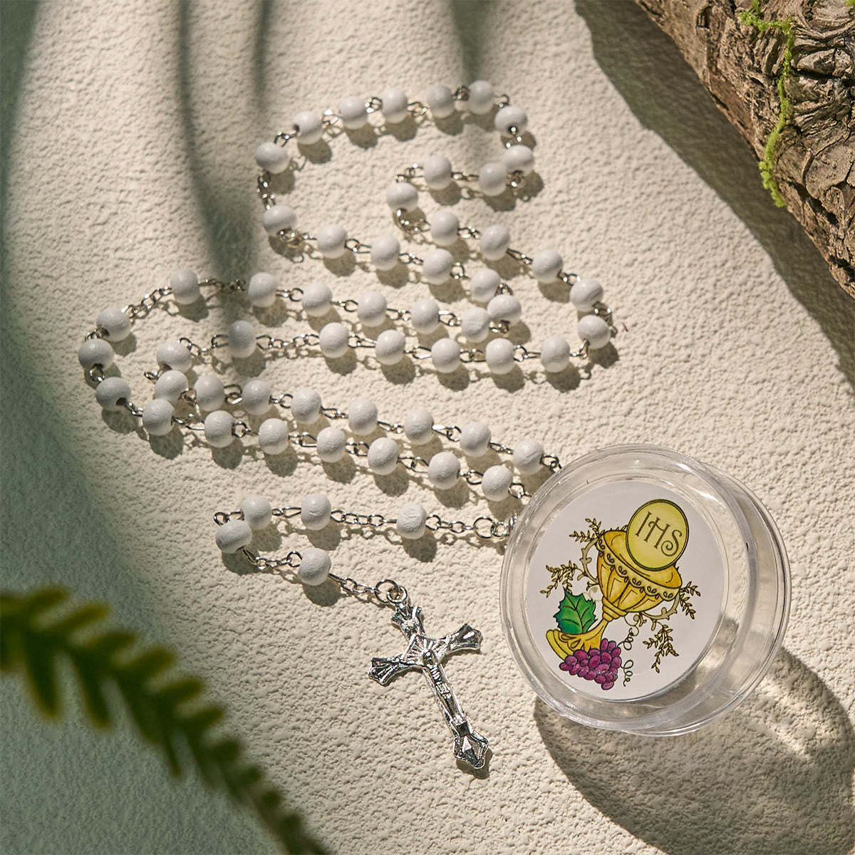 Divine Wooden Holy Chalice Communion Rosary in White with Gift Box Bundle