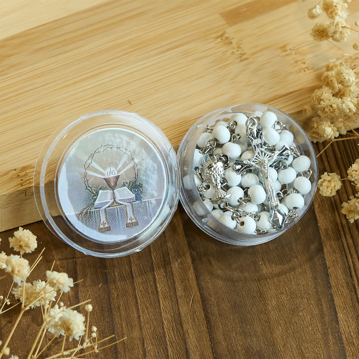 Divine Wooden Holy Chalice Communion Rosary in White with Gift Box Bundle