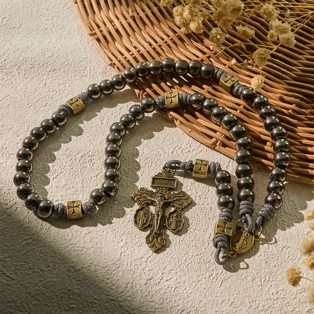 Miraculous Medal & Crucifix of 8 mm Round Silver Black Gallstone Nylon Cord Rosary