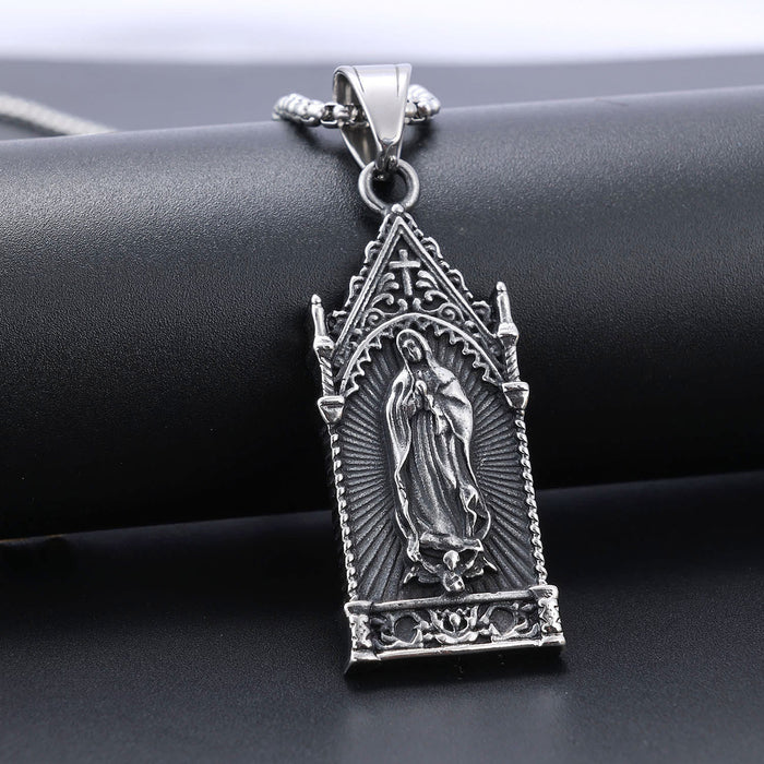 Antique Silver Virgin Mary Necklace in Gothic Cathedral Frame