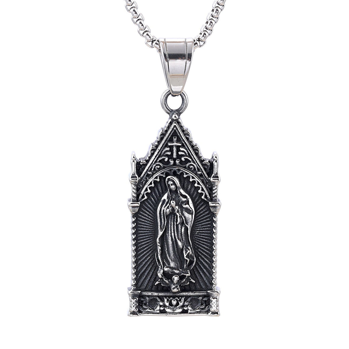 Antique Silver Virgin Mary Necklace in Gothic Cathedral Frame