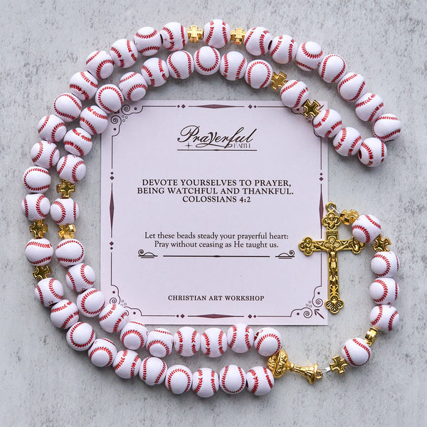 PRAYERFUL FAITH: Blessed Miniature Baseball Beads Rosary with Golden Holy Chalice & Crucifix