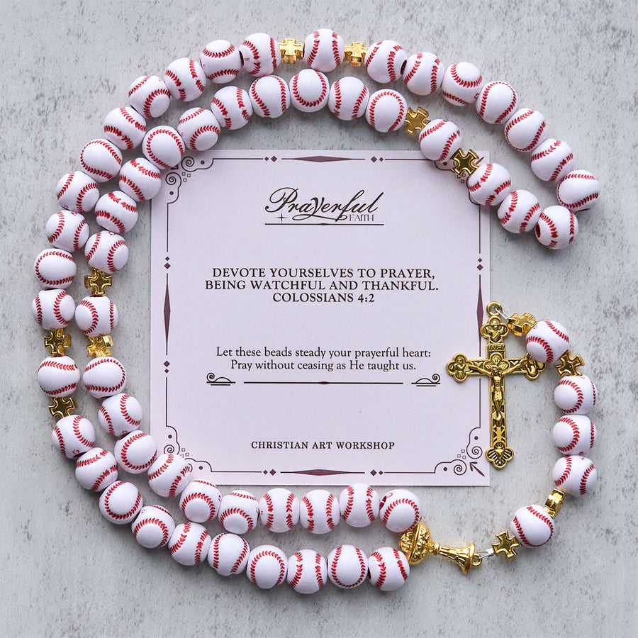 PRAYERFUL FAITH: Blessed Miniature Baseball Beads Rosary with Golden Holy Chalice & Crucifix