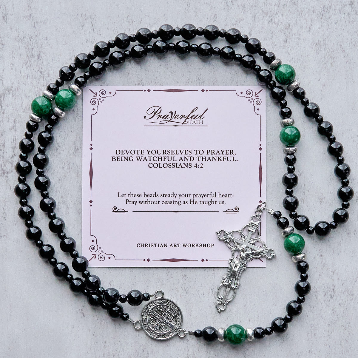 PRAYERFUL FAITH: St. Benedict & Crucifix of 8mm Obsidian & Jade Handmade Bead Rosary
